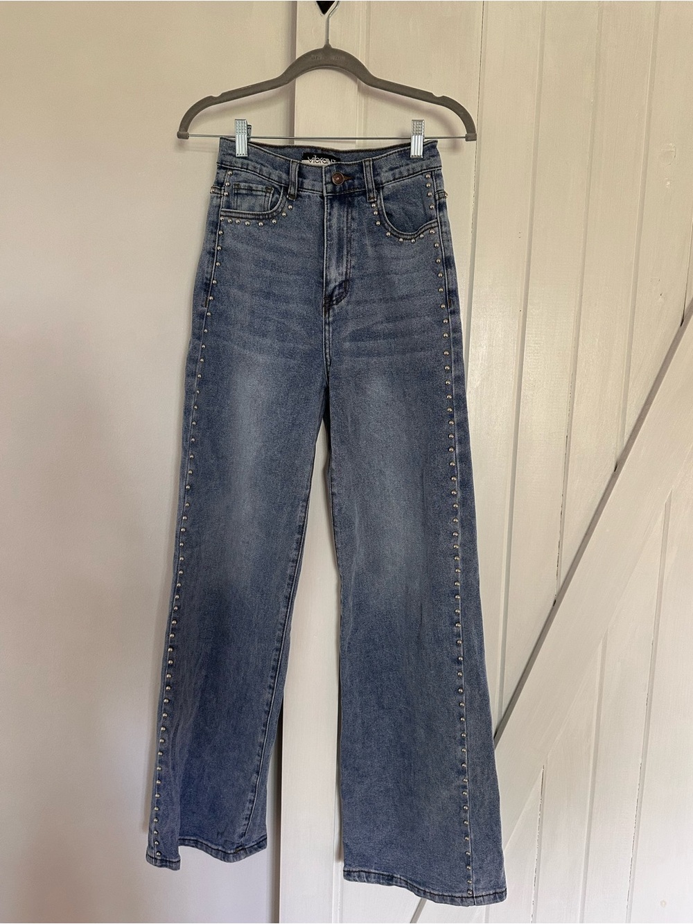 Vibrant Blue Wide-Leg Stud-Trim Jeans